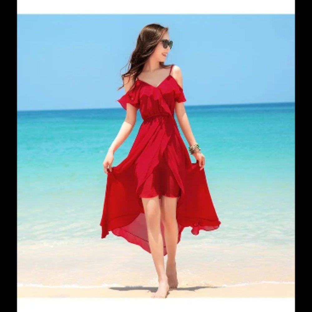 Ladies Boho Red Maxi Dress Cocktail Party Evening Summer Beach Sundress SIZE M